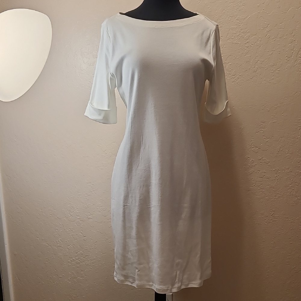 Karen Scott White 3/4 Sleeve Cuffed Dress Size Med. NWT